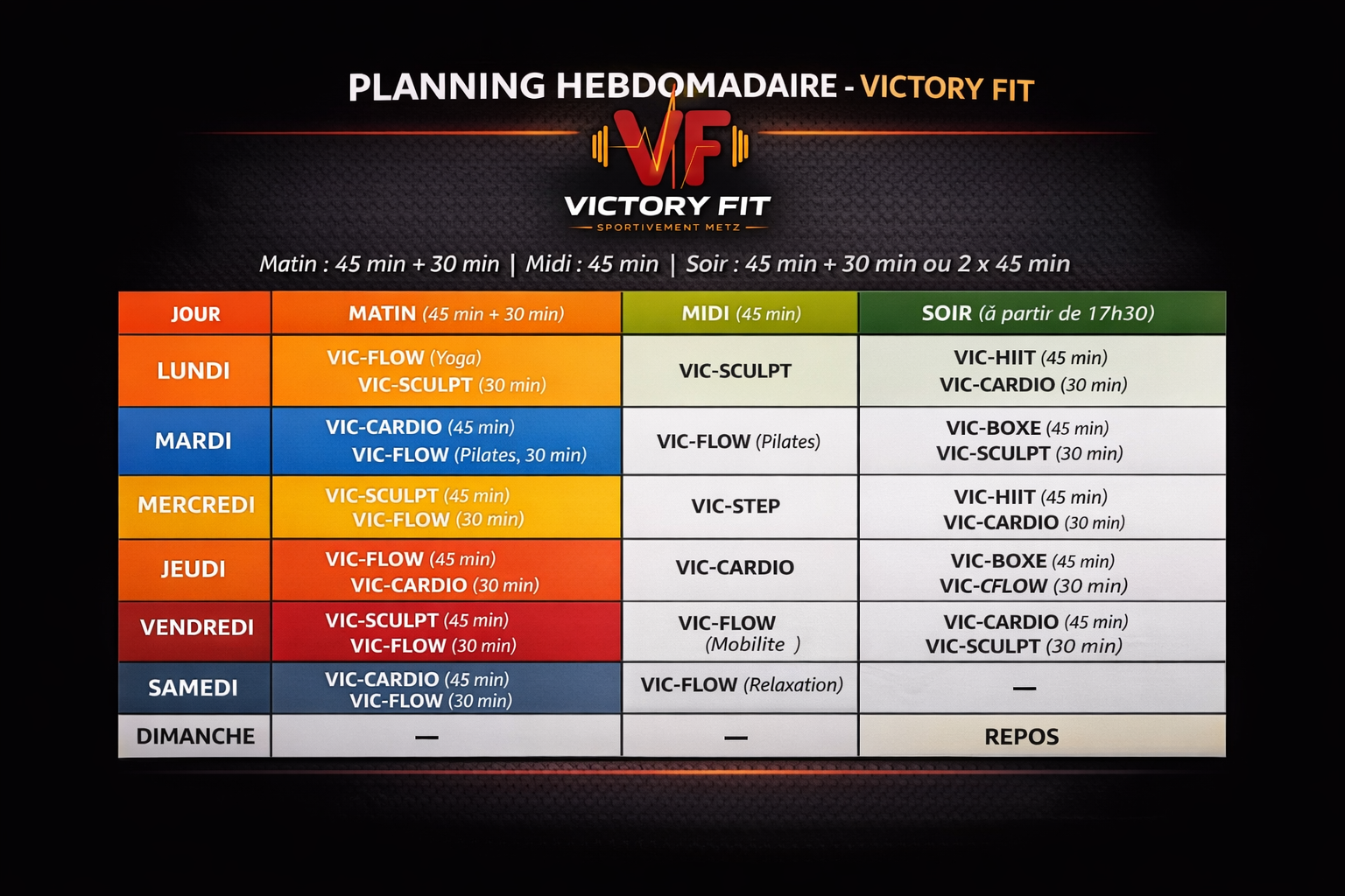Planning hebdomadaire Victory Fit — cours du lundi au samedi, matin, midi et soir